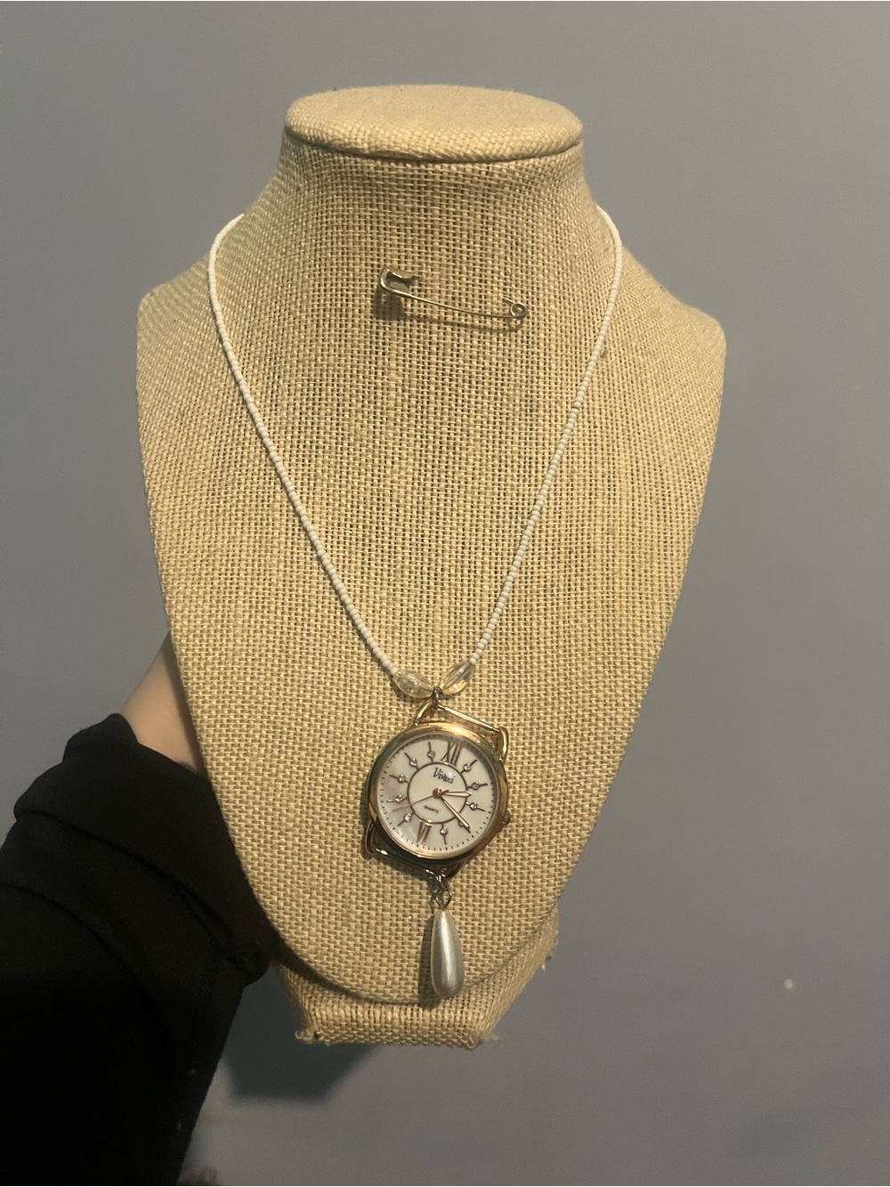 #192.  Handmade Watch Pendant Necklace with Pearl Dangle- Women Jewelry